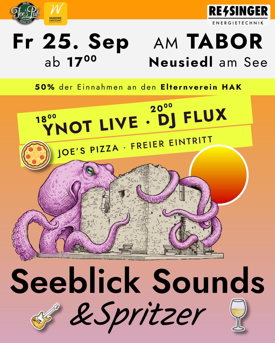 Instagram-Feed-Karte 4:5: SunDowner am Tabor, 25.09.2026, ab 17 Uhr — Seeblick Sounds und Spritzer